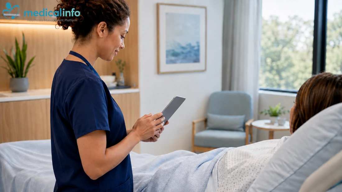 Νοσηλεύτρια χρησιμοποιεί την εφαρμογή Medicalinfo σε tablet δίπλα στον ασθενή